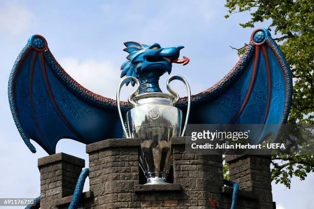 Dragon and the UEFA Champions League trophy on the walls of Cardiff Castle prior to the Champions League Final between Juventus and Real Madrid on...