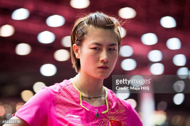 Ning Ding of looks on during Women Single second round at Table Tennis World Championship at Messe Duesseldorf on June 1, 2017 in Dusseldorf, Germany.