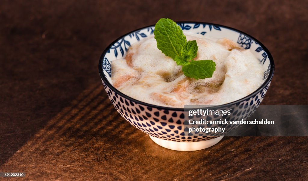 Rhubarb mousse with honey and mint.