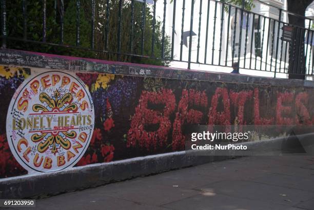 World famous Abbey Road Studios are decorated with Beatles stickers on the walls, to remember the 50th anniversary of the release of Sgt Pepper's...