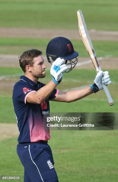 Dawid Malan of England Lions celebrates his century during the One Day International match between England Lions and SouthAfrica A at Trent Bridge on...