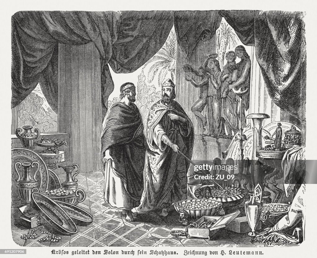 Croesus shows Solon his treasures, wood engraving, published in 1880