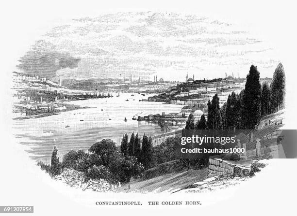 illustrations, cliparts, dessins animés et icônes de constantinople, la corne d’or, gravure, 1892 - bosphore