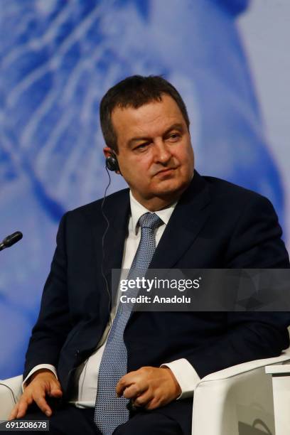 Serbia's Foreign Minister Ivica Dacic speaks during panel at the 2017 St Petersburg International Economic Forum, in St Petersburg, Russia, on June...