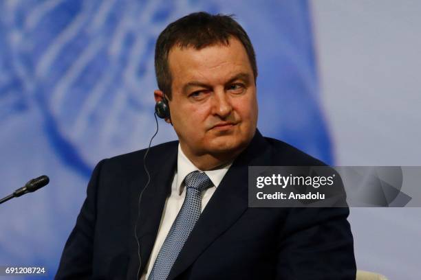 Serbia's Foreign Minister Ivica Dacic speaks during panel at the 2017 St Petersburg International Economic Forum, in St Petersburg, Russia, on June...