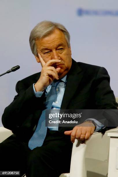 United Nations Secretary General Antonio Guterres is seen at the 2017 St Petersburg International Economic Forum, in St Petersburg, Russia, on June...