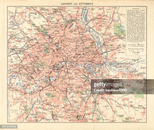 london and environs historical map, engraving, 1892 - london street stock illustrations