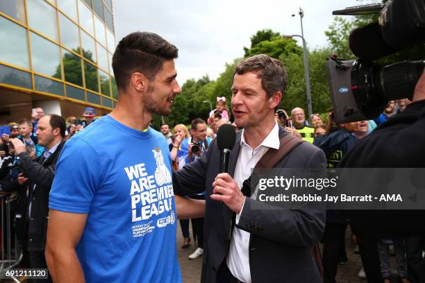 Christopher Schindler of Huddersfield Town speaks with Paul Ogden BBC Reporter on May 30, 2017 in Huddersfield, England. Christopher Schindler;Paul...