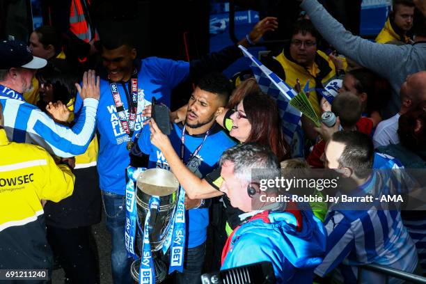 Elias Kachunga of Huddersfield Town with fans on May 30, 2017 in Huddersfield, England. Elias Kachunga