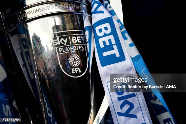 The Sky Bet Championship Play offs trophy with blue and white ribbons on May 30, 2017 in Huddersfield, England.