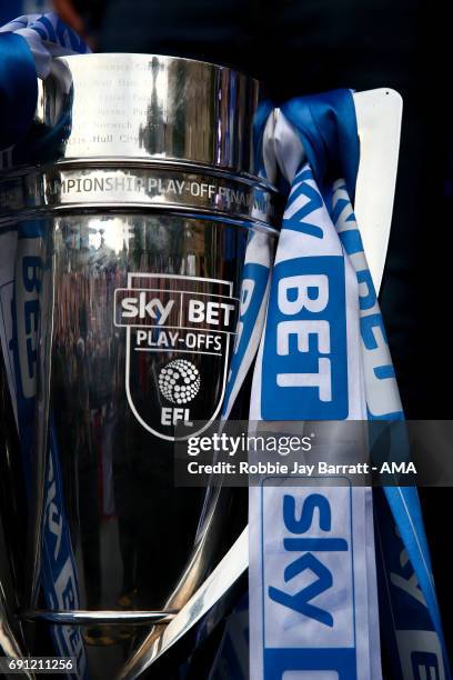 The Sky Bet Championship Play offs trophy with blue and white ribbons on May 30, 2017 in Huddersfield, England.