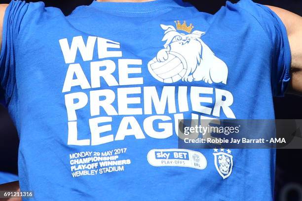 Huddersfield Town players wear t-shirts saying We Are Premier League on May 30, 2017 in Huddersfield, England.