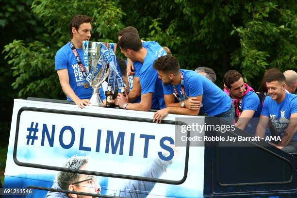 Huddersfield Town players on the open top bus on May 30, 2017 in Huddersfield, England.