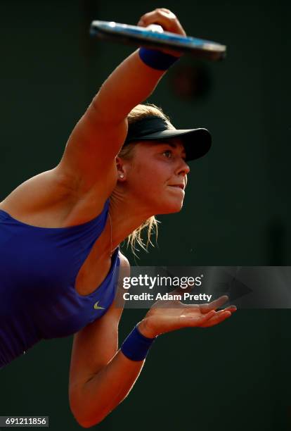 Carina Witthoeft of Germany serves during the ladies singles second round match against Pauline Parmentier of France on day five of the 2017 French...