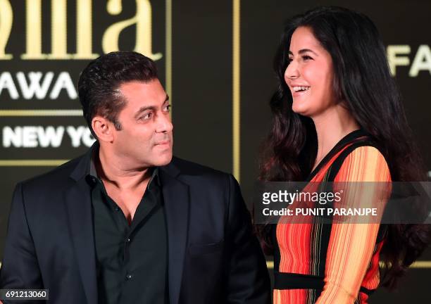 Bollywood actors Salman Khan and Katrina Kaif give a press conference on the International Indian Film Academy Awards , in Mumbai on June 1, 2017....