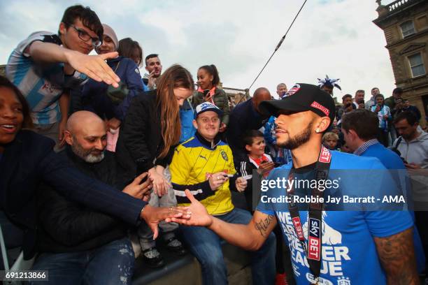 Nahki Wells of Huddersfield Town greats fans on May 30, 2017 in Huddersfield, England. Nahki Wells