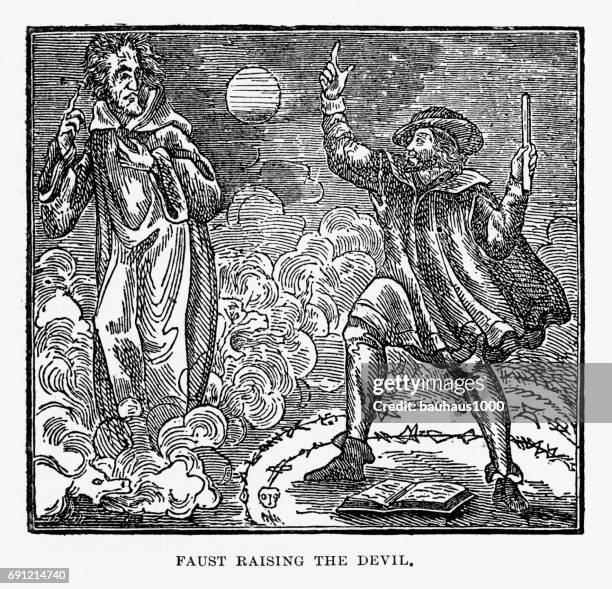faust raising the devil, engraving, 1892 - hell devil stock illustrations