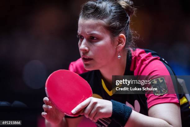 Petrissa Solja of Germany is focused for the Table Tennis World Championship at Messe Duesseldorf on June 01, 2017 in Dusseldorf, Germany.