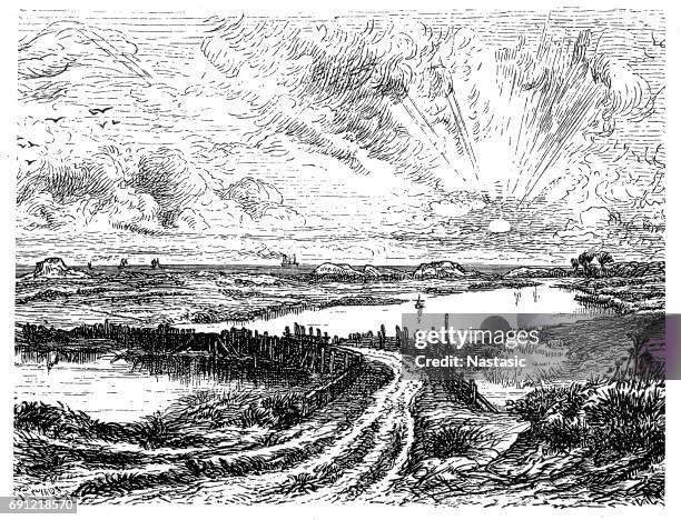 sunset by peter moran - moran stock illustrations