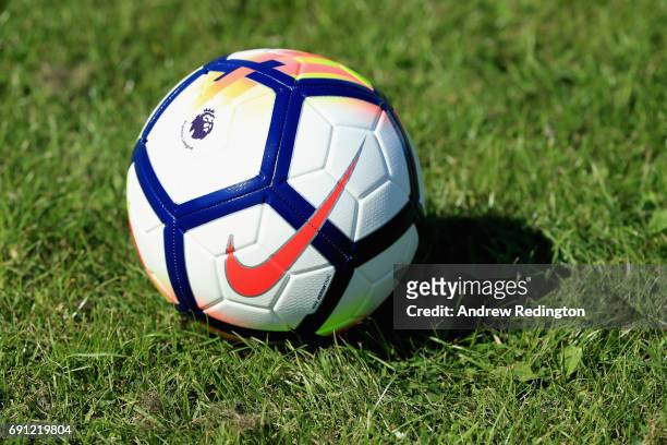 The Nike Ordem V Premier League Match Ball is pictured during the Premier League Kicks - Nike Ordem V Premier League Match Ball Launch on June 1,...