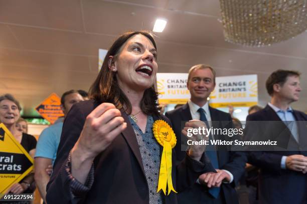 Sarah Olney, Liberal Democrat candidate for Richmond Park takes part in the rally at the Shiraz Mirza Community Hall after visiting Kingston Hospital...