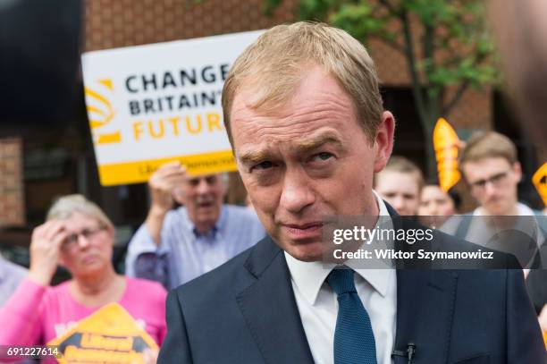 Liberal Democrat leader Tim Farron takes part in the rally at the Shiraz Mirza Community Hall after visiting Kingston Hospital and meeting staff...