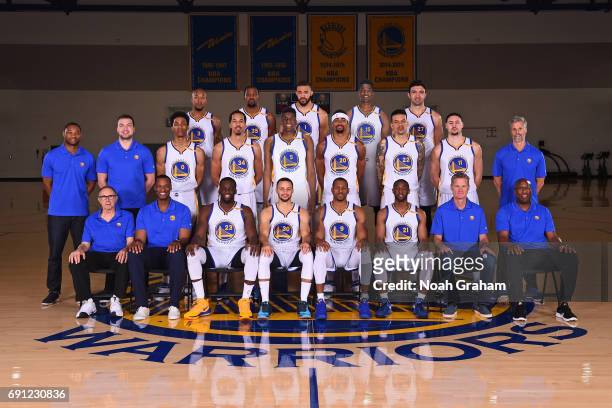 The 2016-2017 Golden State Warriors team poses for a team photo on March 17, 2017 at the Warriors Practice Facility in Oakland, California. NOTE TO...