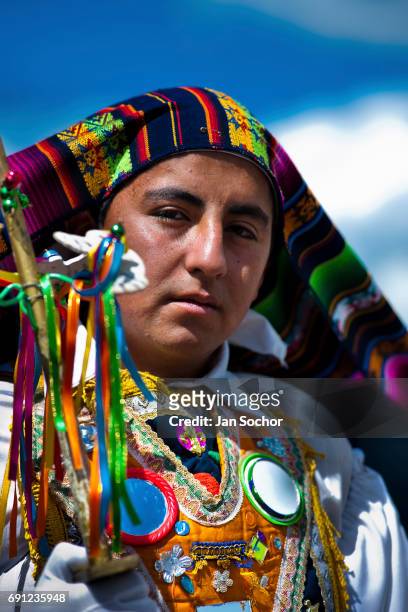 Dancer takes part in the religious parade within the Corpus Christi festival in Pujili on June 01, 2013 in Pujili, Ecuador. Every year in June,...