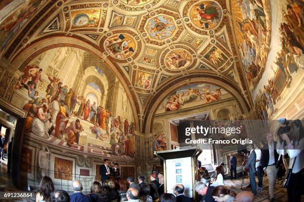 Mark Zwerner, Osram representative for Olaf Berlien, attends the inauguration of the Raphael Rooms new lighting at the Room of the Signatura on June...