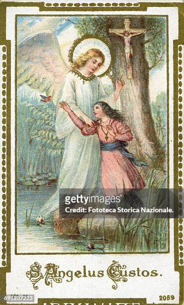 Angelic figure watches the journey of a child; the butterfly that distracts threatening to make her fall in the water, is a symbol of the hidden...