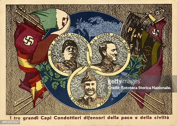 Nationalism, Fascism, Nazism, Mussolini, Hitler, Franco Propaganda postcard, Italy, Rome 1937 .