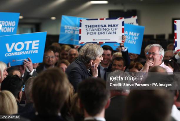 Conservative party leader Theresa May delivers a speech at Ultima Furniture in Pontefract, West Yorkshire, while on the General Election campaign...