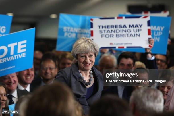 Conservative party leader Theresa May delivers a speech at Ultima Furniture in Pontefract, West Yorkshire, while on the General Election campaign...