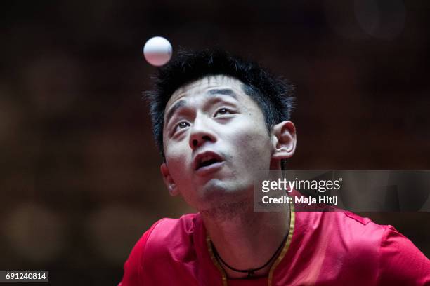 Jike Zhang of China competes during Men Single 2. Round at Messe Duesseldorf on June 1, 2017 in Dusseldorf, Germany.