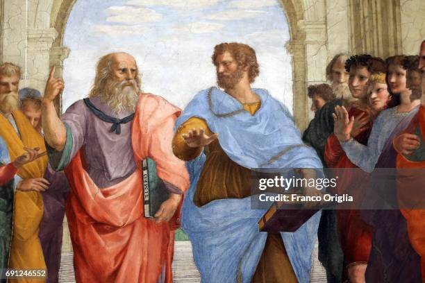 Frescos at the Room of the Signatura featuring Plato and Arisotle and The School of Athens during the inauguration of the Raphael Rooms new lighting...
