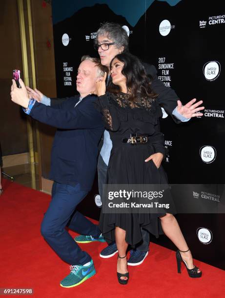 Mike White, Miguel Arteta and Salma Hayek attend the screening of "Beatriz At Dinner" at Mayfair Hotel on June 1, 2017 in London, England.