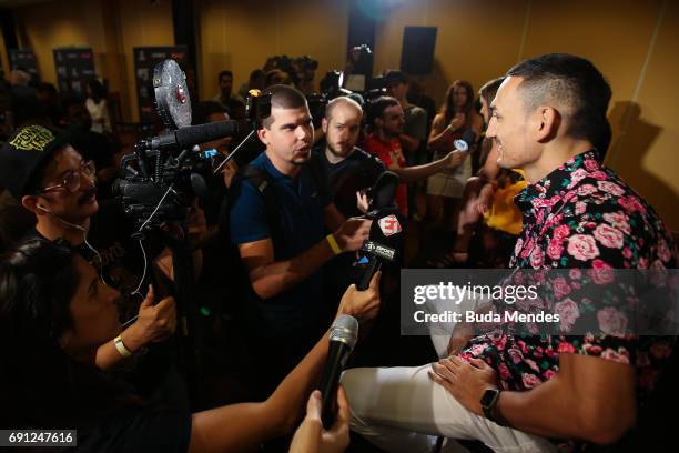 Featherweight interim champion Max Holloway of the United States speaks to the media during Ultimate Media Day at Windsor Hotel on June 01, 2017 in...