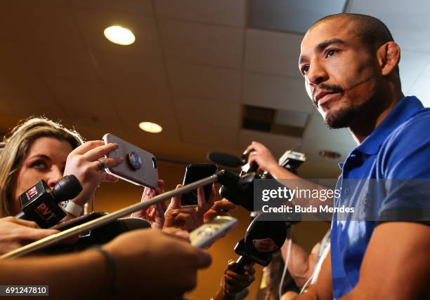 Featherweight champion Jose Aldo speaks to the media during Ultimate Media Day at Windsor Hotel on June 01, 2017 in Rio de Janeiro, Brazil.