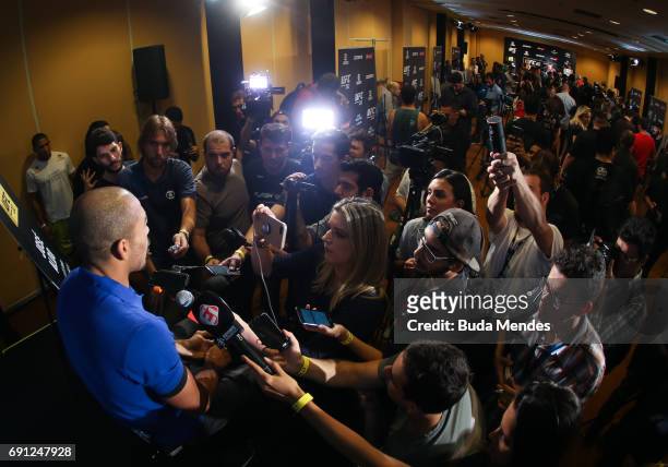 Featherweight champion Jose Aldo speaks to the media during Ultimate Media Day at Windsor Hotel on June 01, 2017 in Rio de Janeiro, Brazil.