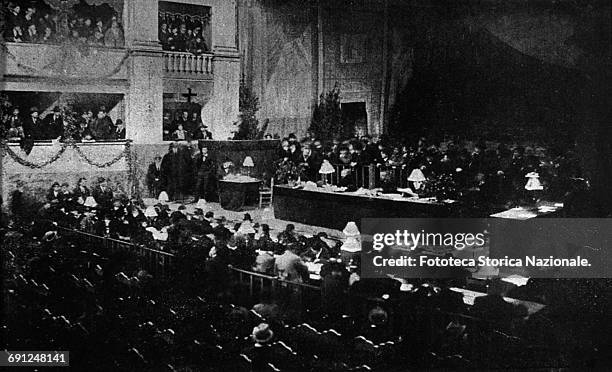 Interior of Goldoni theatre room. Marked with a + the small stage of the Communists from which protrudes the Hon. Nicola Bombacci . Photograph,...