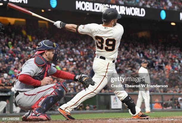 Justin Ruggiano of the San Francisco Giants bats against the Washington Nationals in the bottom of the first inning at AT&T Park on May 30, 2017 in...