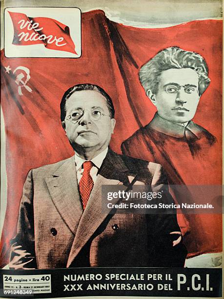 Vie Nuove ; cover of the weekly magazine linked to the Italian Communist Party and founded in 1946 by Luigi Longo. In the allegorical image, Palmiro...