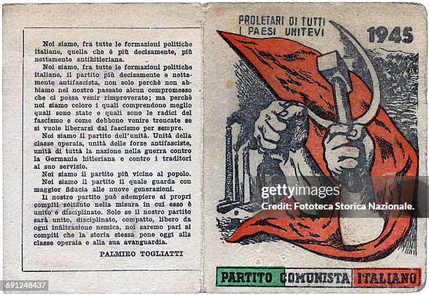The first official card of the Italian Communist Party, issued in 1945, designed by Renato Guttuso: under the words . Italy, Rome 1945.