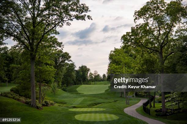 Course scenic view of the 15th hole tee box during practice for the Memorial Tournament presented by Nationwide at Muirfield Village Golf Club on May...