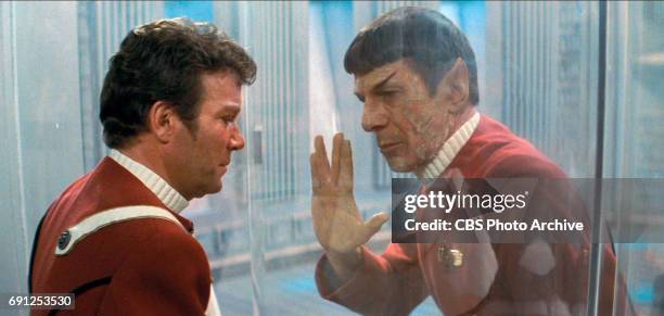 William Shatner as Admiral James T. Kirk and Leonard Nimoy as Captain Spock in the movie, "Star Trek II: The Wrath of Khan." Release date, June 4,...