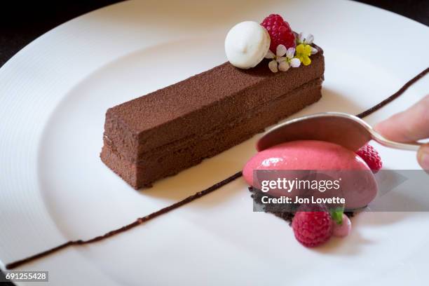 pastry chef scooping raspberry sorbet on chocolate dessert plate - raspberry sorbet stock pictures, royalty-free photos & images