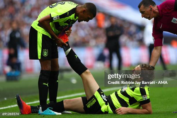 Collin Quaner of Huddersfield Town and Michael Hefele of Huddersfield Town during the Sky Bet Championship Play Off Final match between Reading and...