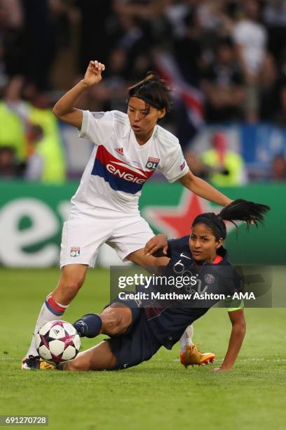 Saki Kumagai of Olympique Lyonnais and Shirley Cruz of PSG during the UEFA Women's Champions League Final between Lyon and Paris Saint Germain on...