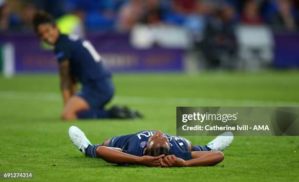 Marie-Laure Delie of PSG lies dejected after missing a chance during the UEFA Women's Champions League Final match between Lyon and Paris Saint...