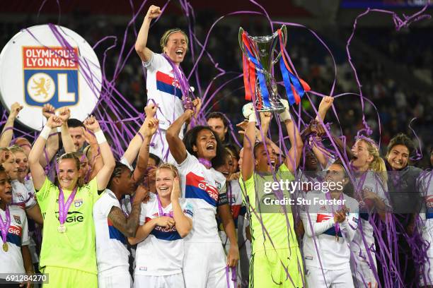 Sarah Bouhaddi of Olympique Lyonnais lifts the trophy in victory after the UEFA Women's Champions League Final between Lyon and Paris Saint Germain...